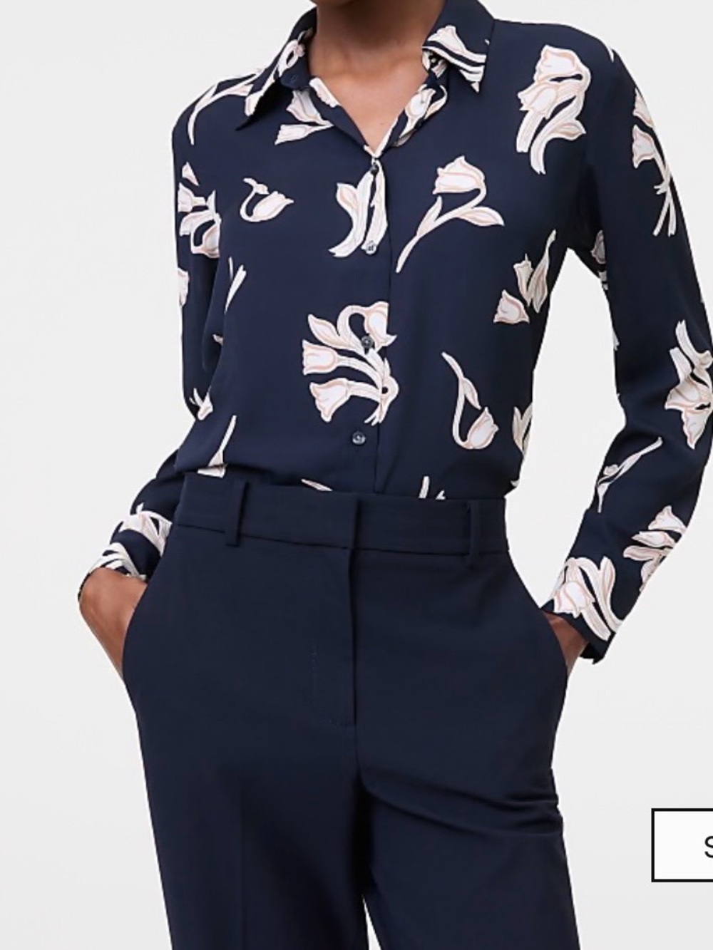 Ann Taylor Night Sky Button-Down Blouse with Cream Floral Print